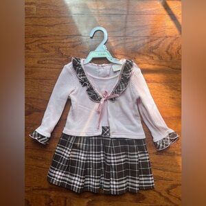 Jenny & Me Pink Ribbed Top with Brown Plaid Skirt & Bow
